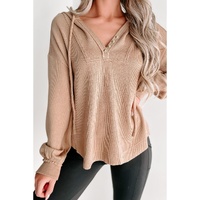 Khaki Buttoned V Neck Drawstring Knit Hoodie - S thumbnail