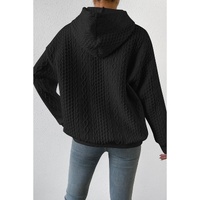 Black Cable Textured Casual Drawstring Hoodie - L thumbnail