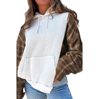 White Waffle Patch Plaid Sleeve Kangaroo Pocket Hoodie - L thumbnail