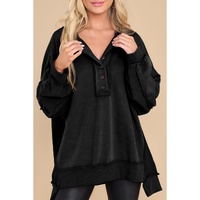 Black Oversized Exposed Seam Henley Sweatshirt - S thumbnail