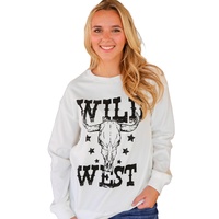 White WILD WEST Steer Skull Graphic Ribbed Sweatshirt - M thumbnail