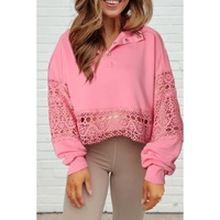 Pink Hollowed Lace Splicing Cropped Sweatshirt - XL thumbnail