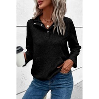 Black Textured Knit Buttoned Kangaroo Pocket Sweatshirt - L thumbnail