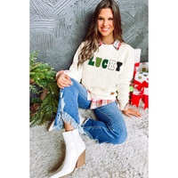 White LUCKY Chenille Embroidered Cable Knit Pullover Sweatshirt - L thumbnail
