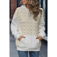 Beige Drop Shoulder Quilted Patchwork Kangaroo Pocket Hoodie - XL thumbnail