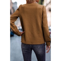 Brown Solid Color Quilted Puff Sleeve Pullover Sweatshirt - L thumbnail