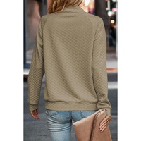 Apricot Quilted Buttoned Neckline Stand Neck Pullover Sweatshirt - M thumbnail