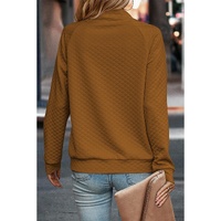 Chestnut Quilted Buttoned Neckline Stand Neck Pullover Sweatshirt - L thumbnail