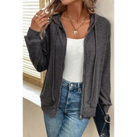 Dark Grey Ribbed Zip Up Front Drawstring Hoodie - L thumbnail