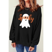 Black Halloween Spooky Ghost Print Crewneck Pullover Sweatshirt - M thumbnail