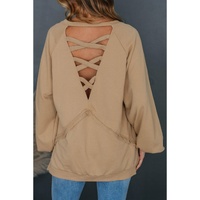 Light French Beige Solid Color Lattice Hollow Out Back Sweatshirt - L thumbnail