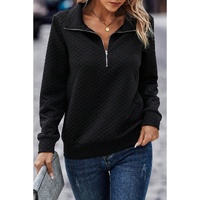 Black Solid Half Zipper Quilted Pullover Sweatshirt - M thumbnail