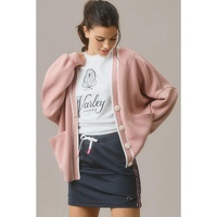 Pink Stripe Contrast Trim V Neck Buttoned Front Pocketed Knit Cardigan - L thumbnail