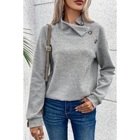 Gray Asymmetric Buttons Detail High Neck Textured Sweatshirt - S thumbnail