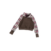 Khaki Printed Plaid Sleeve Patchwork Collared Textured Sweatshirt - L thumbnail