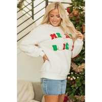 White Christmas MERRY & Bright Chenille Graphic Sherpa Sweatshirt - 2XL thumbnail