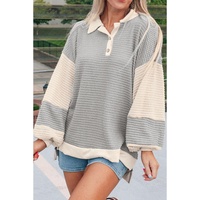 Khaki Textured Colorblock Collared Henley Top - L thumbnail