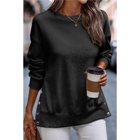 Black Snap Buttons Side Splits Pullover Sweatshirt - L thumbnail
