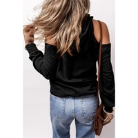 Black Exposed Seam Cold Shoulder Drawstring Hoodie - XL thumbnail