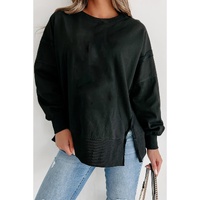 Black Exposed Seam Drop Shoulder Round Neck Sweatshirt with Slits - S thumbnail
