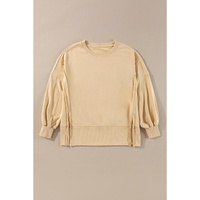 Light French Beige Exposed Seam Drop Shoulder Round Neck Sweatshirt with Slits - 2XL thumbnail