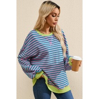 Green Stripe Oversized Contrast Trim Pullover Sweatshirt - XL thumbnail