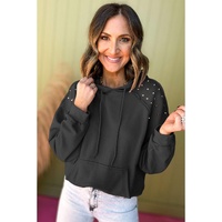 Black Solid Color Rivet Stud Raglan Sleeve Hoodie with Pocket - L thumbnail
