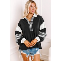 Black Striped Colorblock Patchwork Collar Sweatshirt - L thumbnail