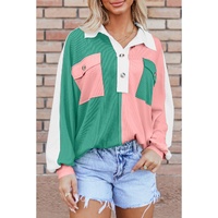 Pink Colorblock Ribbed Collared Oversized Sweatshirt - XL thumbnail