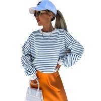 Blue Stripe Drop Shoulder Crew Neck Loose Sweatshirt - L thumbnail