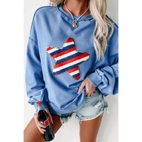 Sky Blue Sequin Trim Embroidered Star USA Pattern Sweatshirt - L thumbnail