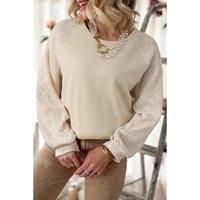 Parchment Eyelet Knit Patchwork Raglan Sleeve Pullover Top - L thumbnail
