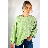 Light Green Solid Color Textured Side Split Crew Neck Blouse - L thumbnail