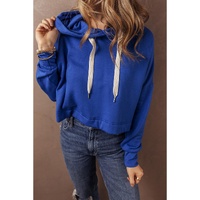 Dark Blue Solid Drop Shoulder Drawstring Cropped Hoodie - XL thumbnail