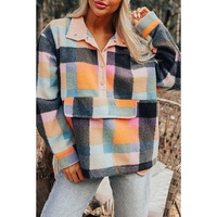 Black Plaid Print Pocketed Half Button Collared Sweatshirt - L thumbnail