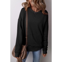 Black Drop Shoulder Crisscross Stitching Pocketed Loose Sweatshirt - L thumbnail