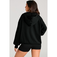 Black Solid Kangaroo Pocket Half Zipper Oversized Hoodie - XL thumbnail