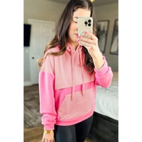 Pink Textured Color Block Kangaroo Pocket Drop Shoulder Hoodie - S thumbnail