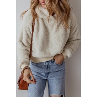 White Contrast Ribbed Edge Plush Hoodie - L thumbnail