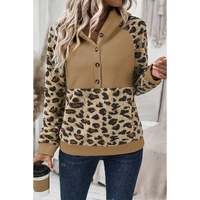 Light French Beige Leopard Print Patchwork Raglan Sleeve Half Buttons Hoodie - L thumbnail
