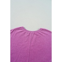 Bright Pink Solid Color Notched Neck Drop Shoulder Sweatshirt - 2XL thumbnail