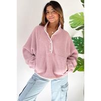 Fushia Stand Neck Half Button Zip Pocket Plush Sweatshirt - L thumbnail