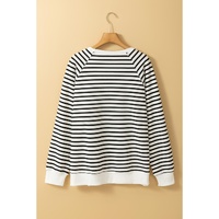 Black Stripe Raglan Sleeve Side Slits Loose Sweatshirt - L thumbnail