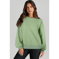 Smoke Green Solid O Neck High Low Hem Pullover Sweatshirt - L thumbnail
