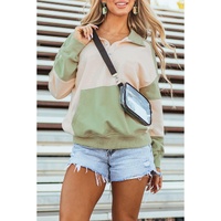 Laurel Green Colorblock Patchwork Buttoned Collar Kangaroo Pocket Sweatshirt - L thumbnail