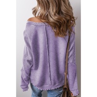Orchid Petal Solid Waffle Knit Patchwork Raglan Sleeve Sweatshirt - L thumbnail