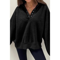 Black Solid Snap Buttons Collared Balloon Sleeve Oversized Sweatshirt - M thumbnail
