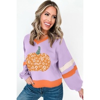 Orchid Bouquet Halloween Floral Pumpkin Color Block V Neck Sweatshirt - L thumbnail