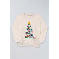 Beige Pom-Pom Christmas Tree Pattern O Neck Sweatshirt - L thumbnail