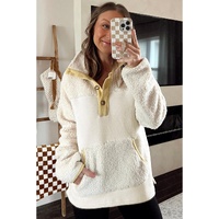 Beige Fleece Colorblock Trim Buttons Collar Sweatshirt with Pocket - S thumbnail